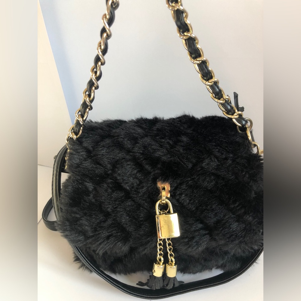 Bueno Faux Fur Crossbody and Satchel Black with Gold Hardware with Lock